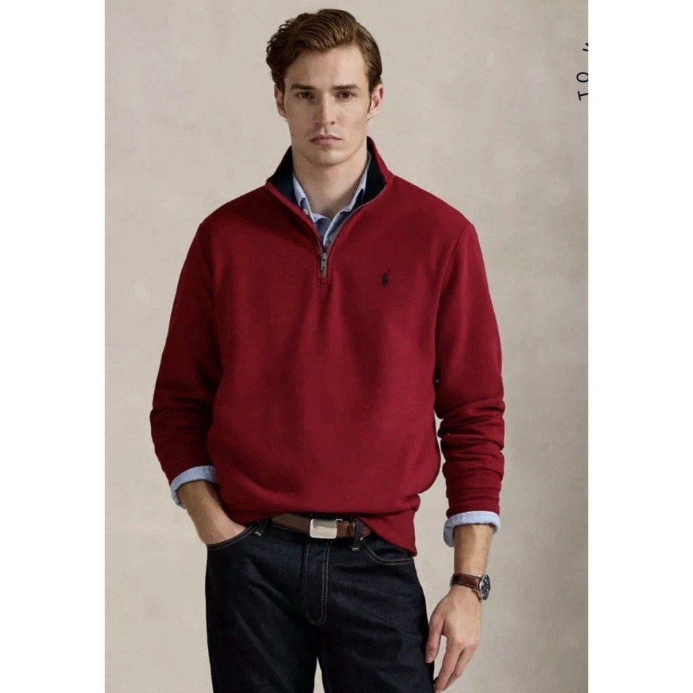 US Polo Assn Mens Red Quarter Zip Pullover Sweater Cotton L Navy Trim Logo